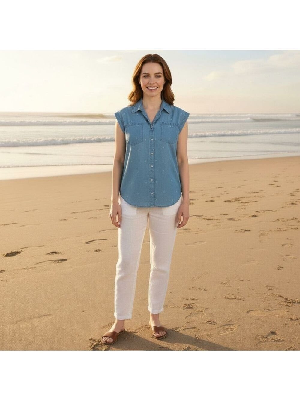 Jach’s Girlfriend Chambray Palm Tree Shirt Tencel Button Front Cap Sleeve Top